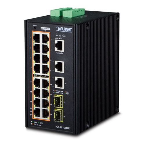 Planet Industrial 16-Port RJ45 Gigabit 802.3at PoE 2-Port RJ45 Gigabit 2-Port 100 1000X SFP Managed Switch