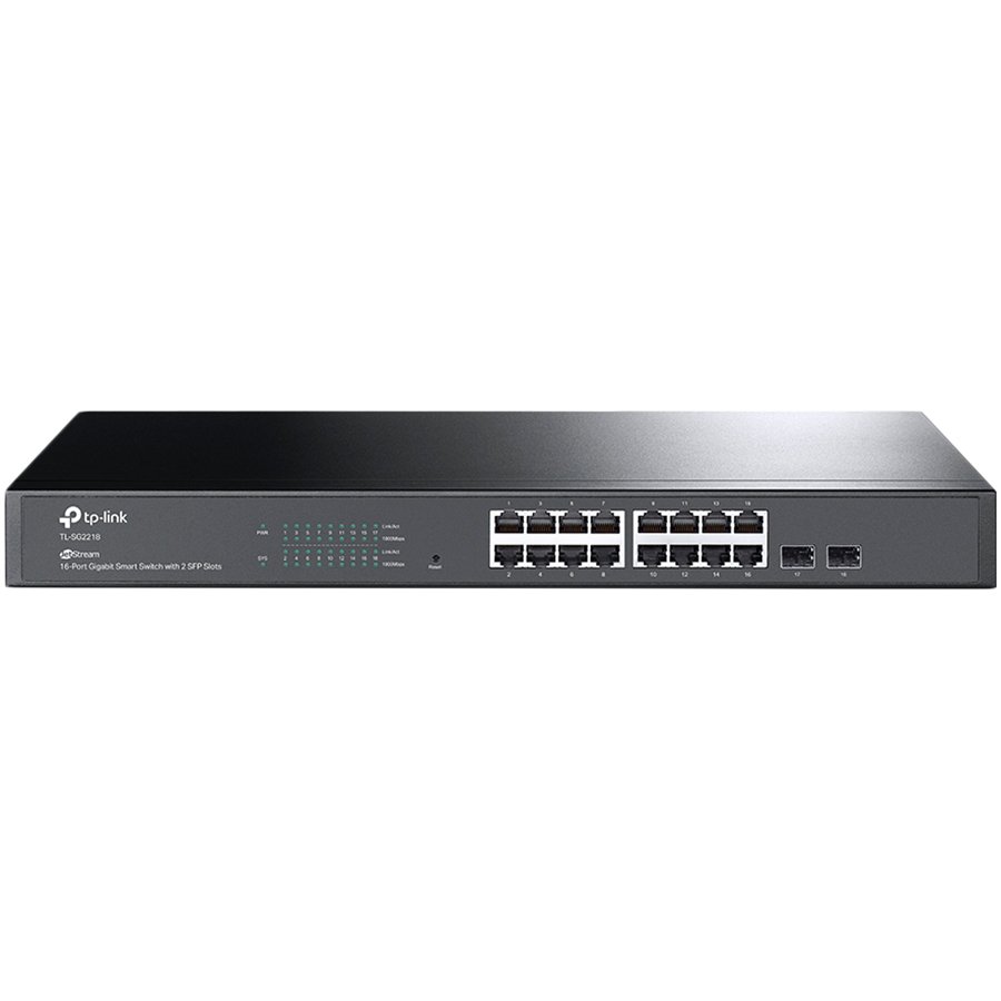 TP-Link TL-SG2218 JetStream 16-Port Gigabit Smart Switch with 2 Gigabit SFP Slots, 16× Gigabit RJ45 Ports, 2× Gigabit SFP Slots, 1U 19-inch Rack-mountable, Integration with Omada SDN Controller, Static Routing, 802.1Q VLAN, STP/RSTP/MSTP,802.1p/DSC