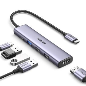 UGREEN 5-portni Revodok 105 USB-C HUB, 3xUSB-A, 1xUSB-C 100W PD, 1xHDMI 4K 30Hz, sivi