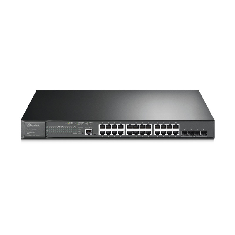 TP-Link Omada JetStream 28-port Gigabit L2+ upravljiv PoE+ preklopnik (Switch), 24×10/100/1000M RJ45 ports, 4×Gbit SFP, RJ45/Micro-USB Console port, 1U 19" rack mount (384W)
