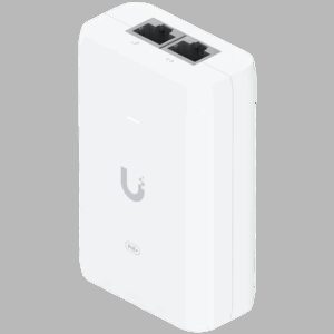 Ubiquiti U-POE+ adapter 30W, powers UniFi PoE+ devices, reduce dependency on PoE switch power, Contains RJ45 data input, AC cable with earth ground, and PoE+ output