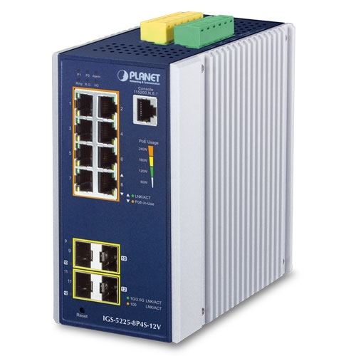 Planet Industrial L2 8-Port 10 100 1000T 802.3at PoE 2-Port 100 1G SFP 2-Port 100 1G 2.5G SFP Managed Ethernet Switch w 12V Booster, PLT-IGS-5225-8P4S-12