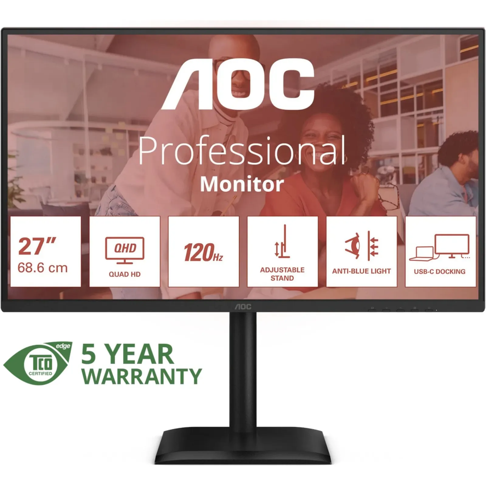 AOC Q27E4CV 68,6cm (27") QHD IPS Office Monitor 16:9 HDMI/DP/USB-C PD90W/LAN 120Hz 4ms Sync