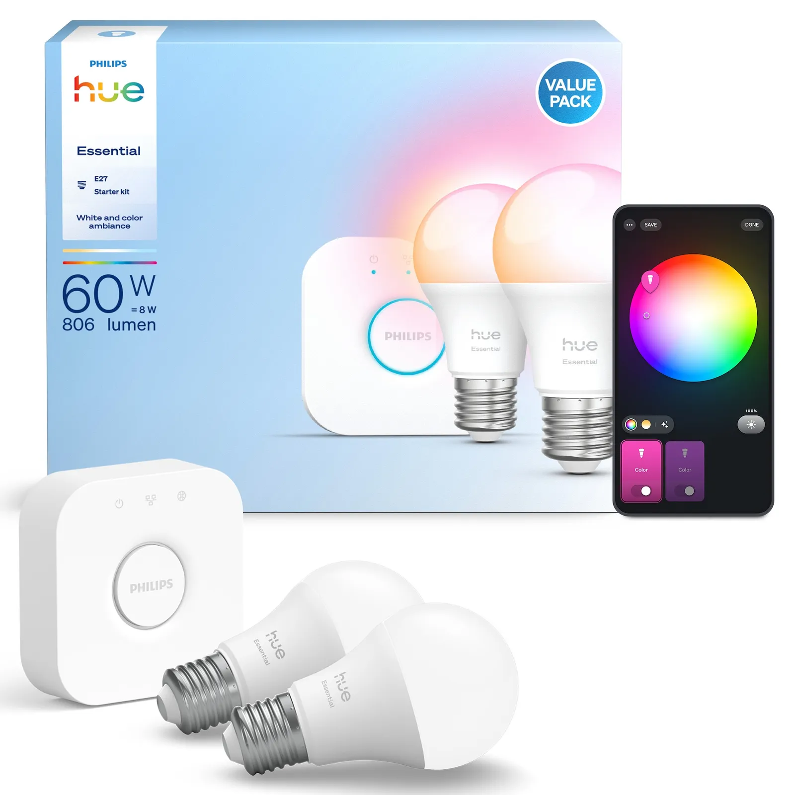 hilips Hue Essential Starter Kit: Hue Bridge + 2 Essential E27 pametne lampe, bijela i kolor ambijenta, 2200K-6500K