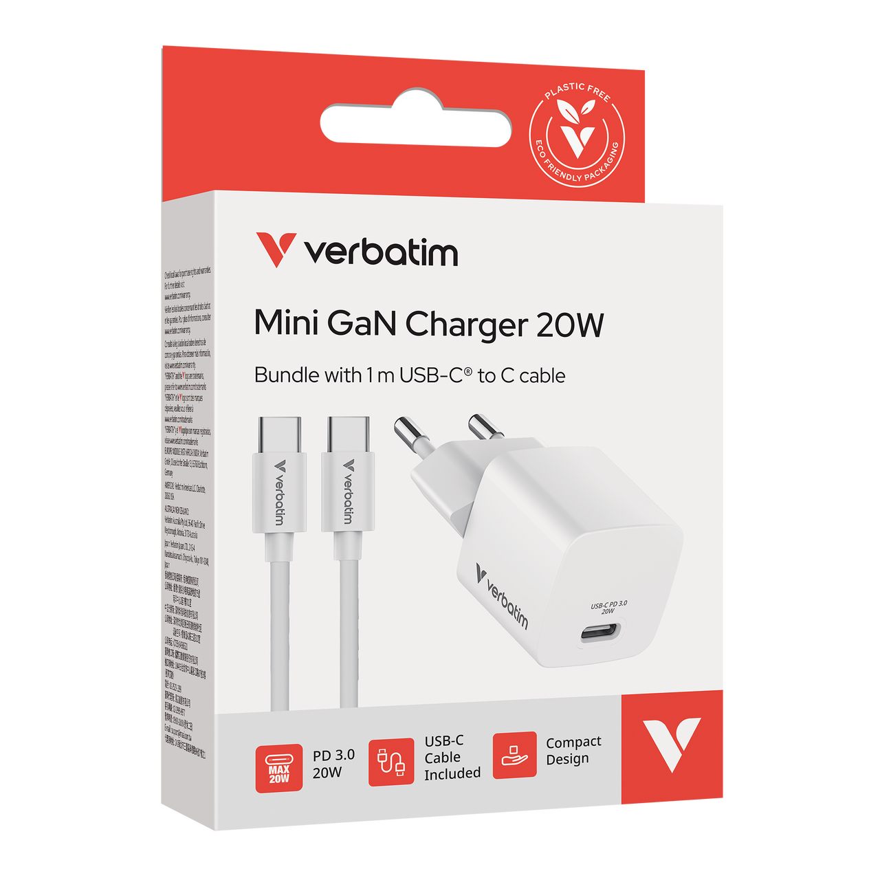 Verbatim Mini GaN punjač 20W PD3.0 s kabelom USB-C 1.0m, bijeli