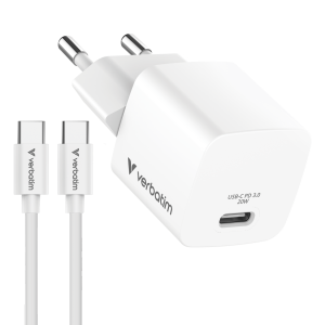 Verbatim Mini GaN punjač 20W PD3.0 s kabelom USB-C / C, M/M, 1.0m , bijeli