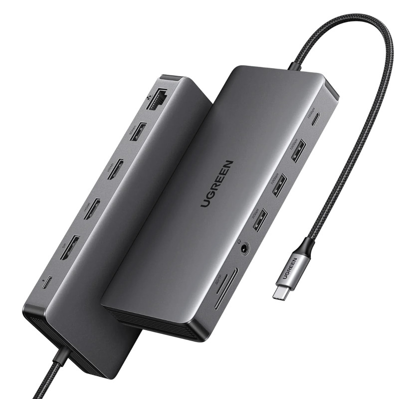 Ugreen Revodock Pro 313 13-u-1 USB-C HUB, 1×DP/4K60, 2×HDMI/4K60, 1×USB-C (PD 100W), 1×USB-C, 4×USB-A, RJ45, 3.5mm, čitač kartica SD/TF