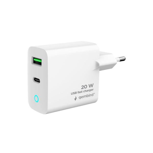 Gembird 2-port 20W USB fast charger, LED, white